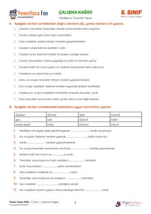 Maddenin Tanecikli Yapısı - Çalışma Kağıdı